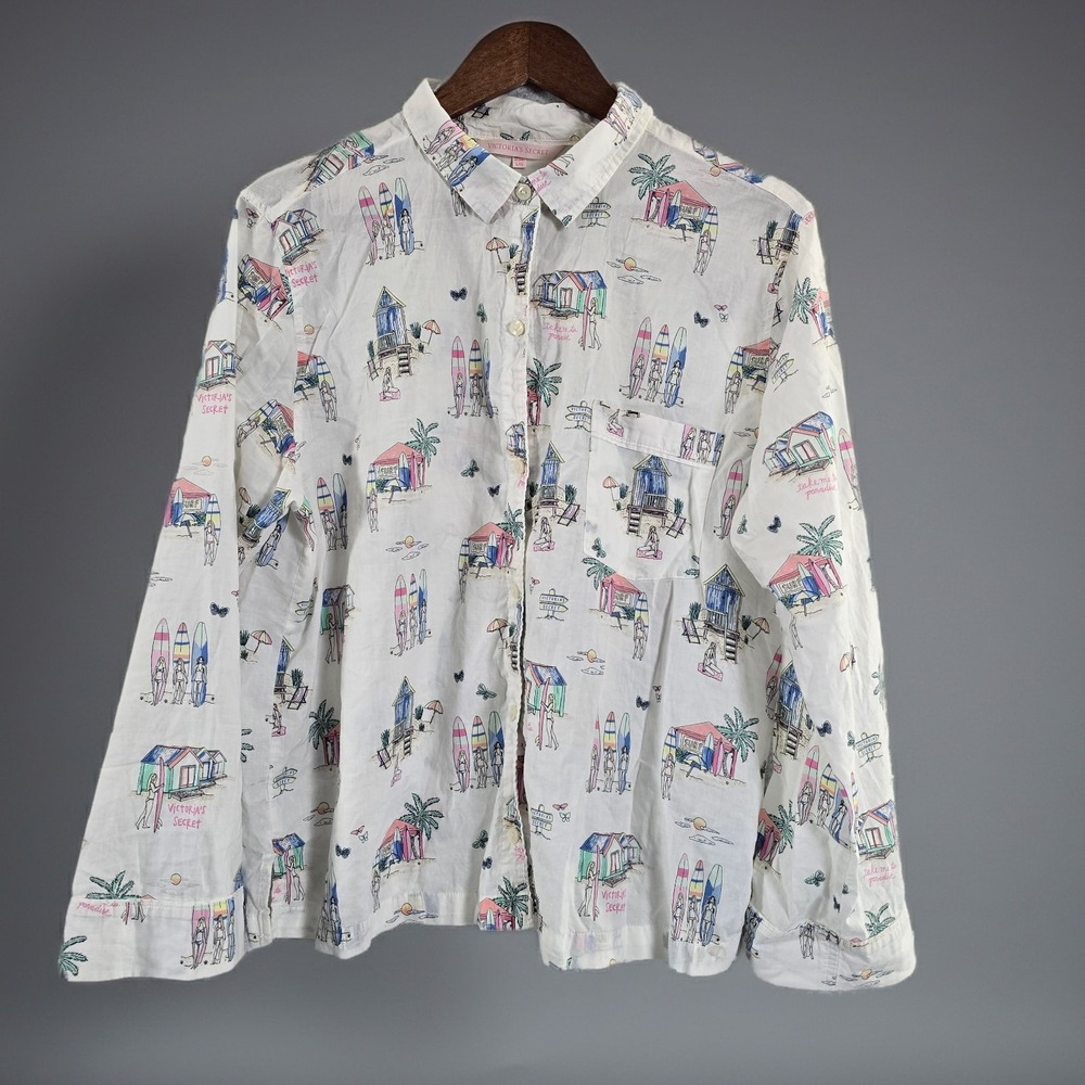 Victorias Secret Cotton Pajama‎ Shirt Womens L Surf Beach Button Down